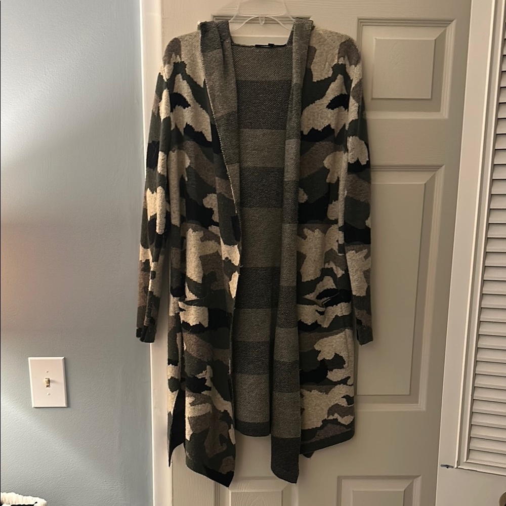 Camouflage Open-Front Sweater with Hood